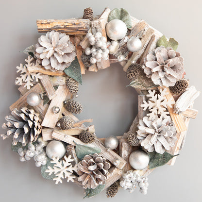 12inch large  driftwood Nordic Holiday wreath and garland with silver trumpet berries and pinecones and green leafs and silver ornament