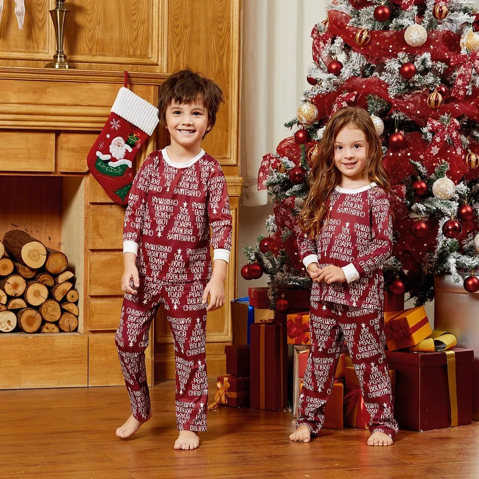 White and Red Christmas Printed Homewear Pajamas Two-piece PJS Set