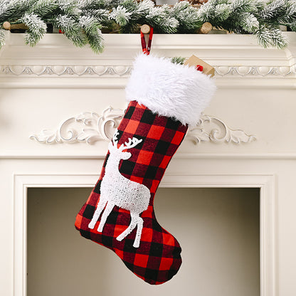 elk christmas stocking plaid red and white with tufted embroidery