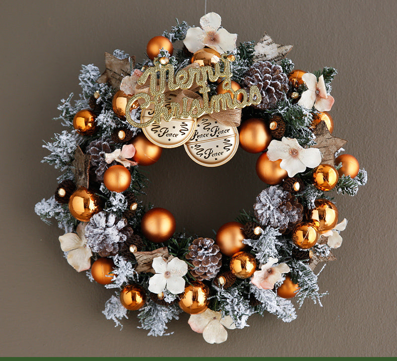 Front door Christmas wreath haven with ribbon and ornaments