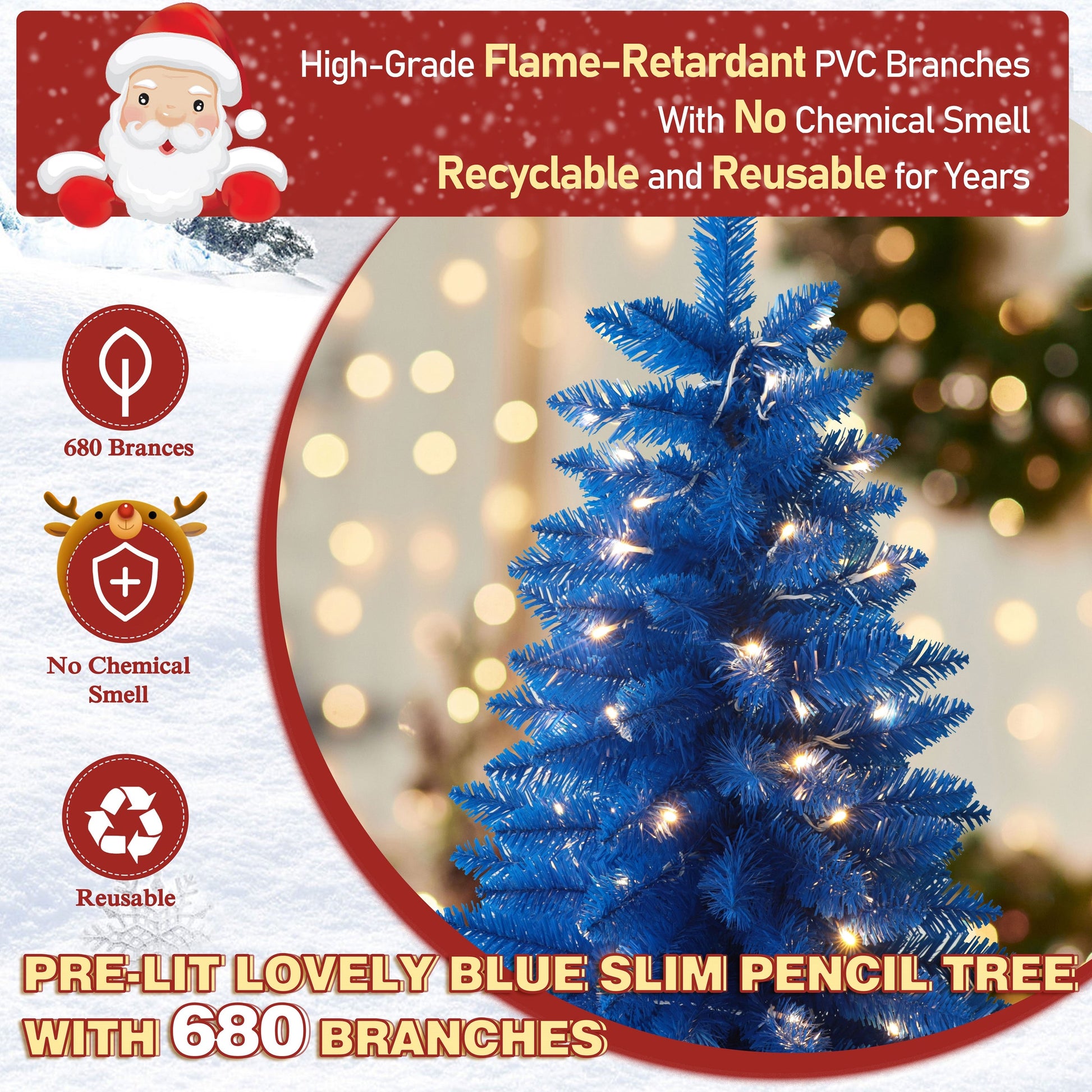 6ft BLUE Pre-lit Slim Pencil Artificial Christmas Tree with Lights.