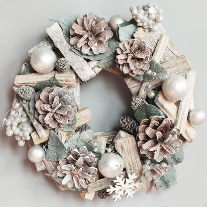 12inch driftwood Nordic Holiday wreath and garland  with silver trumpet berries and pinecones and green leafs and silver ornament