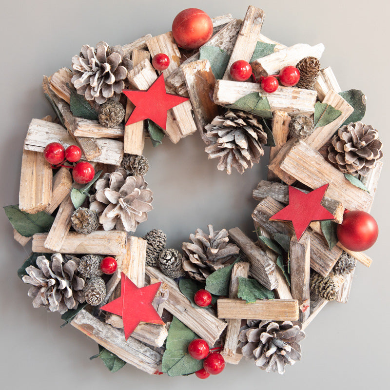 12inch driftwood Nordic Holiday wreath and garland with pinecones and red berries and red christmas star
