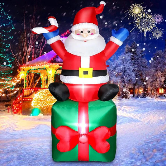6ft Christmas Inflatable Santa Claus Sitting on Gift Box Built-in LED Lights for Xmas Party Outdoor Patio Garden-