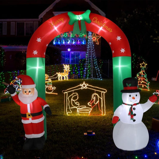 8 Ft. Tall Christmas Arch with Snowman and Santa Inflatables Outdoor Decoration with LED Lights