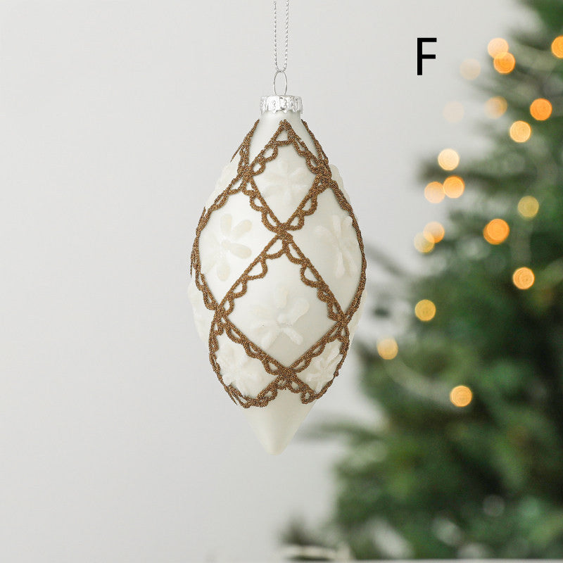 round christmas glass ornament ivory white colour with white decoration in a shape of drop