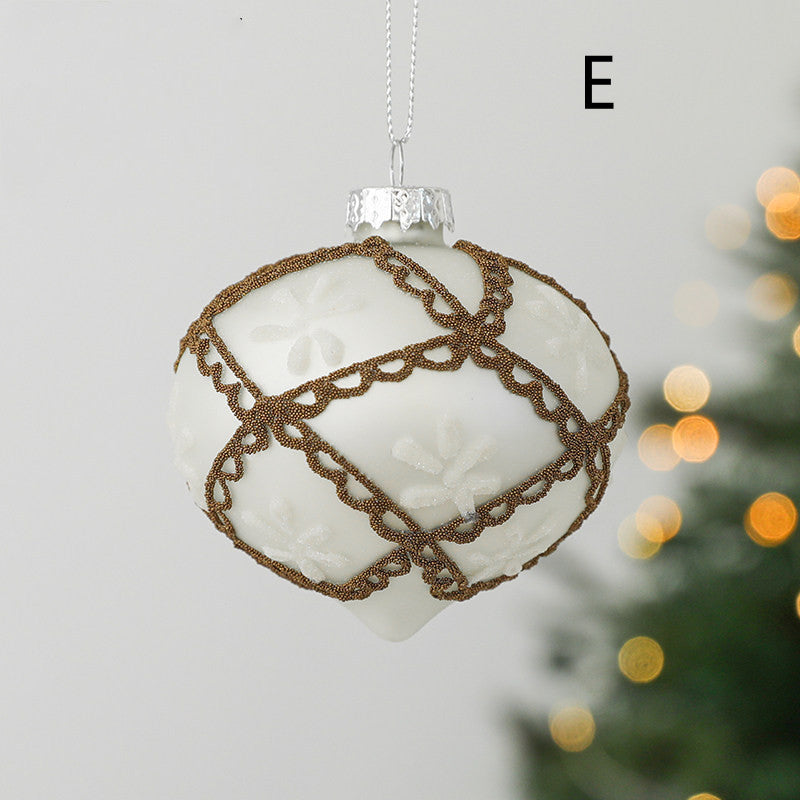 round christmas glass ornament ivory white colour with white decoration in a shape of turnip and radish