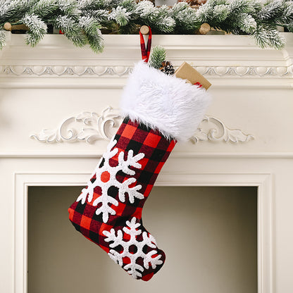 snowflake christmas stocking plaid red and white with tufted embroidery