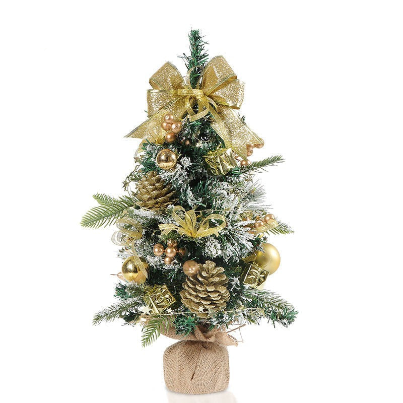 20" Snow Frosted Small Pine Mini Christmas Tree with ribbon and pinecones/ GOLD