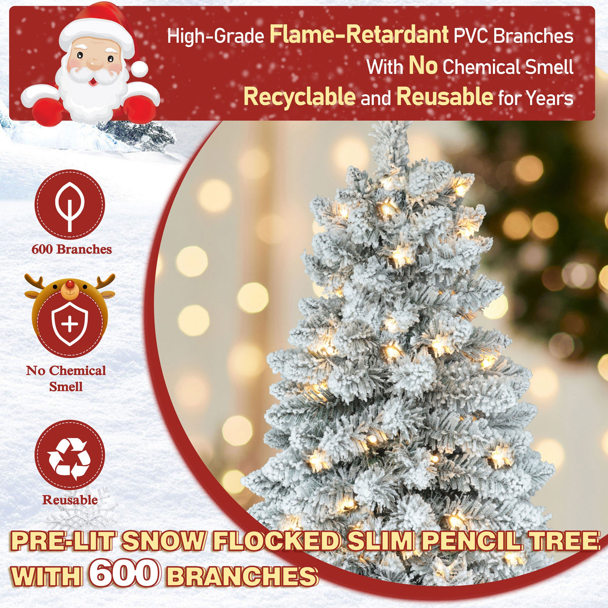 Pre-lit Snow Flocked Artificial Pencil Christmas Tree