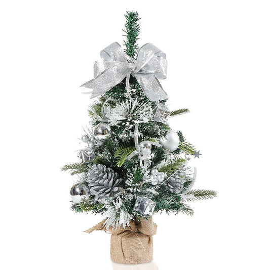 20" Snow Frosted Small Pine Mini Christmas Tree with ribbon and pinecones. Grey