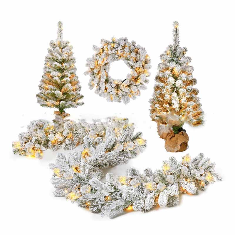 7' Snow White Pre-Lit Flocked Slim Artificial Christmas Tree and garlands