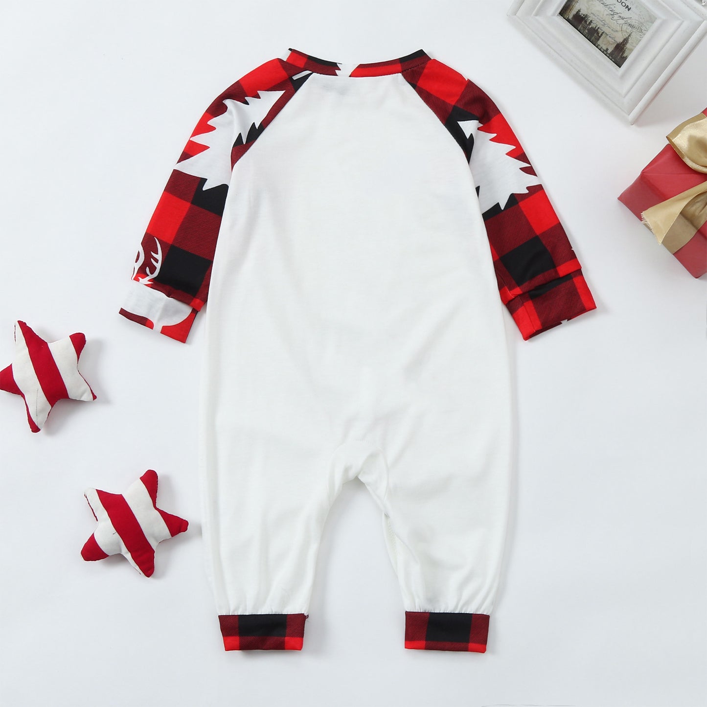 Merry Christmas Deer White and Red Plaid Christmas matching PJS set.