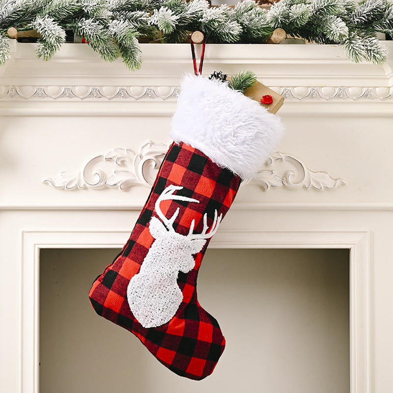 deer christmas stocking plaid red and white with tufted embroidery