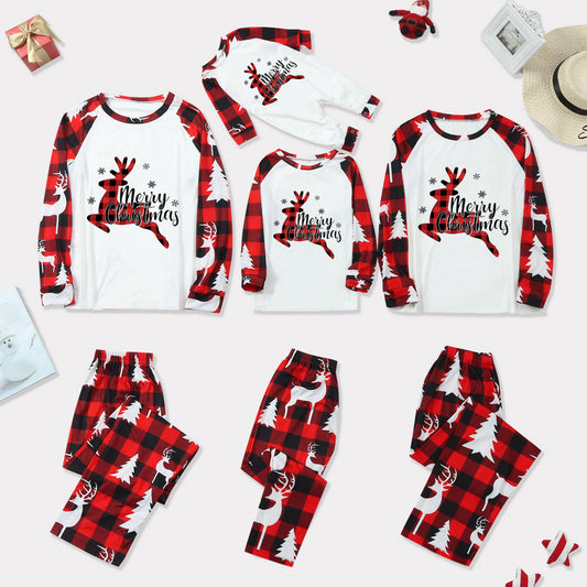 Merry Christmas Deer White and Red Plaid Christmas matching PJS set.