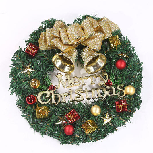 gold merry christmas wreath with gold bell and gold bow ribbon and gift ornament and gold and red ornaments