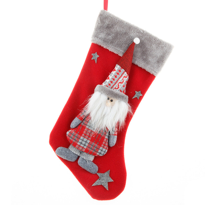 Nordic gnome tomte Christmas Stocking/ Scandinavian Tomte Holiday Scandinavian stocking for christmas gnome with white beard and red hat in red and grey colour velvet fabric