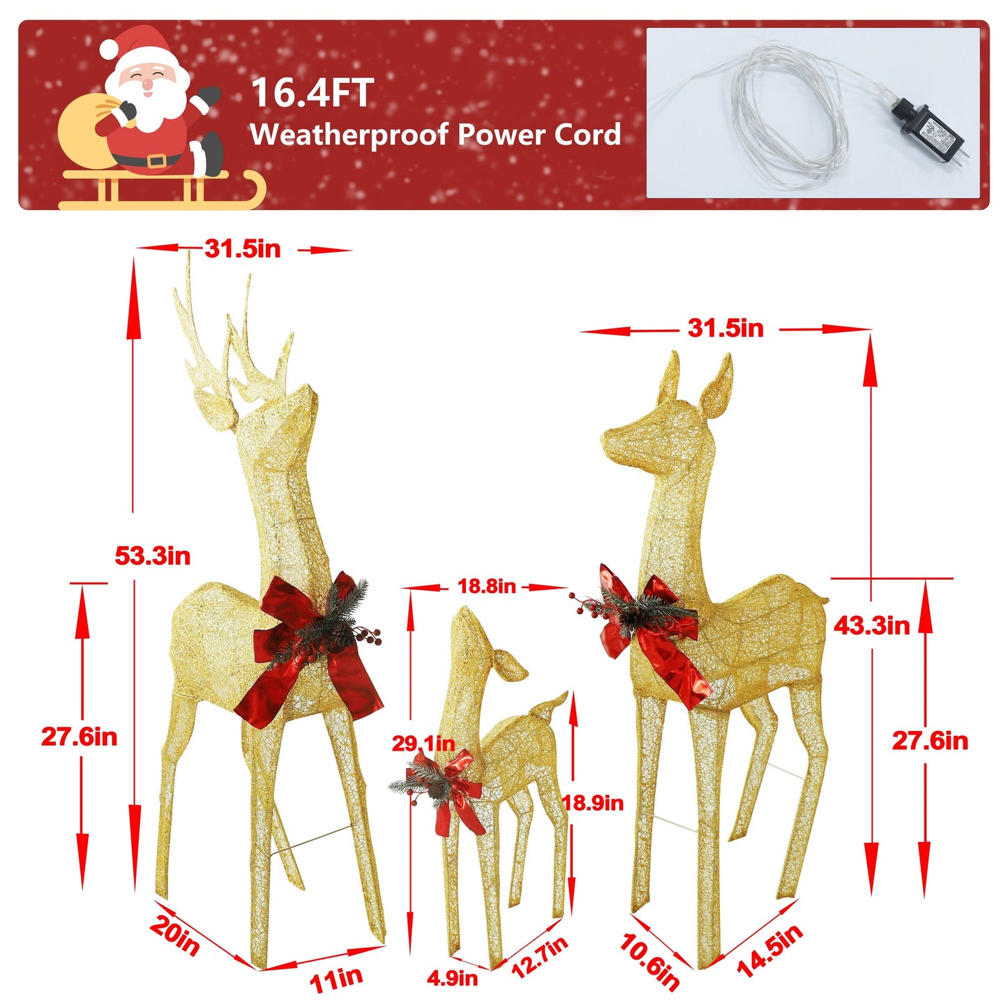 4.5 ft. 3D Warm White LED Reindeer Family Christmas Holiday Yard Decoration, Gold