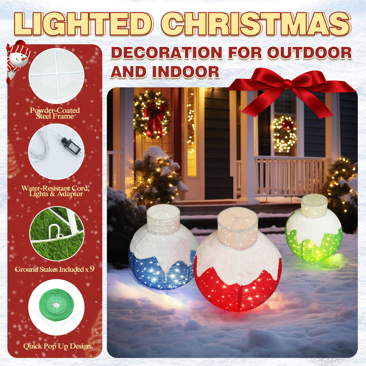 35 in. 3 Piece Pre-lit  Warm White LED Ball Pop Up Ornament Christmas Holiday Yard Decoration