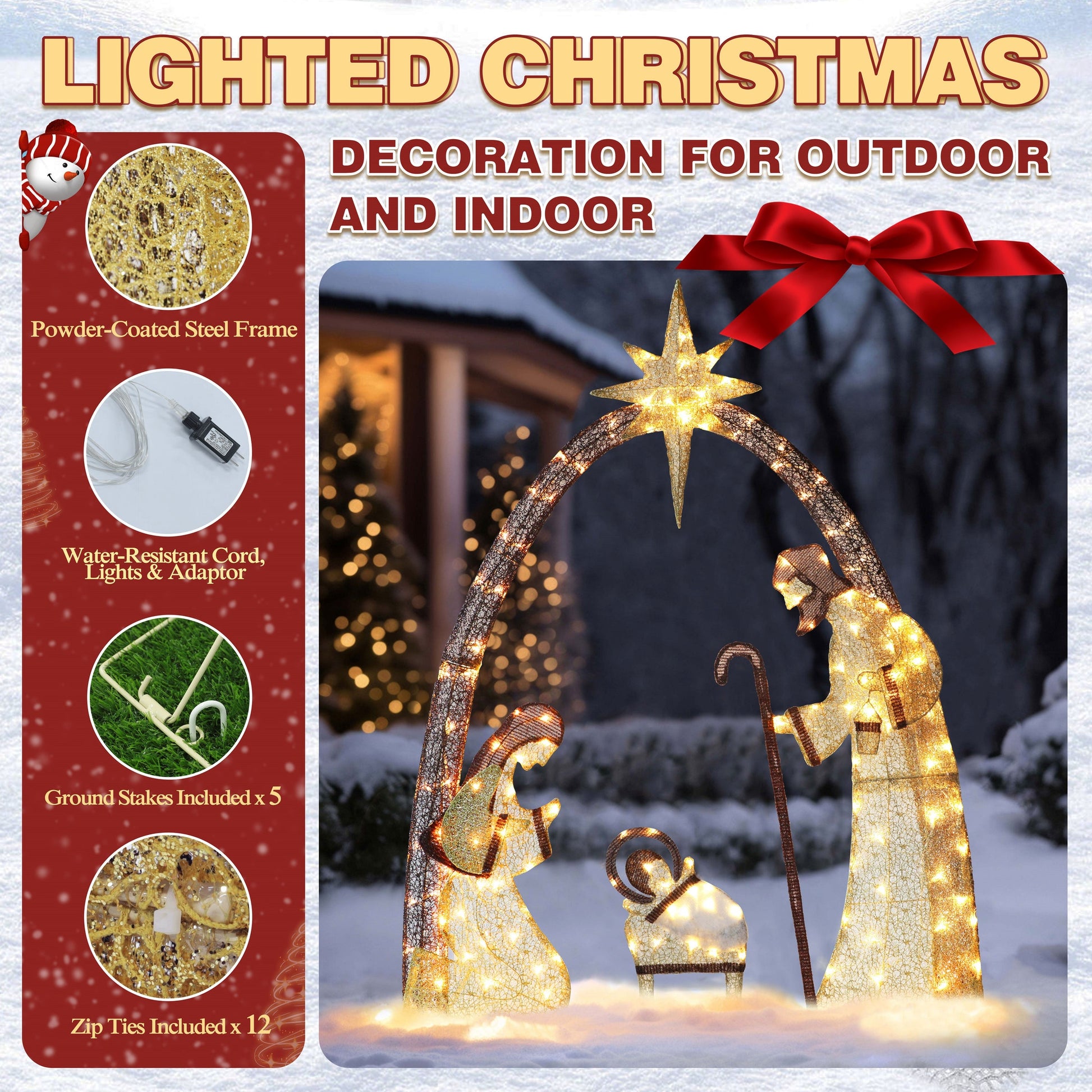 5 ft. 3 piece Warm White LED Nativity Set Christmas Holiday Yard Decoration, Gold