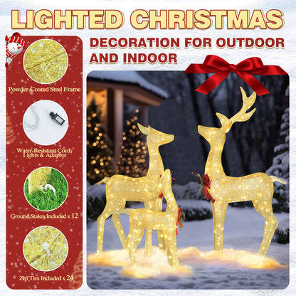 4.5 ft. 3D Warm White LED Reindeer Family Christmas Holiday Yard Decoration, Gold
