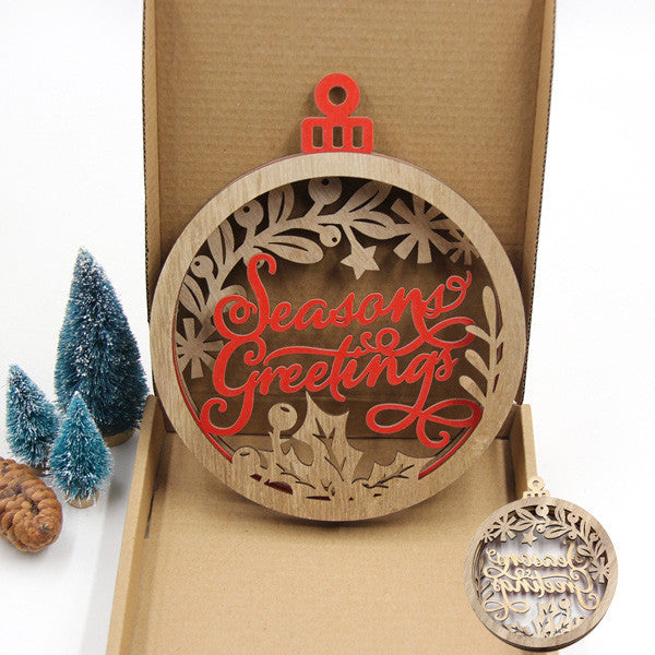 christmas seasonal greetings and seasonal holiday cnc wood ornament for christmas tree and christmas indoor decoration.