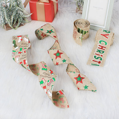 6.5ft Burlap Christmas Wired Ribbon with christmas print.