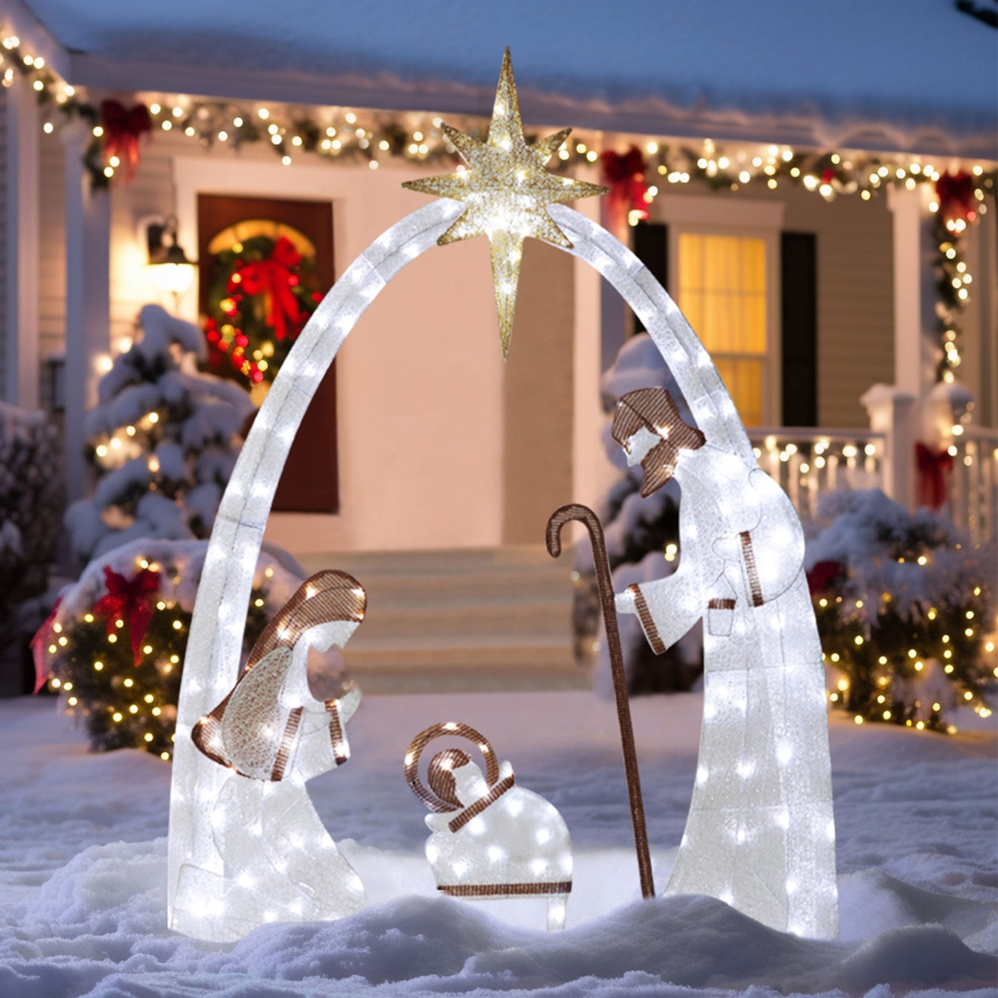 5 ft. Cool White 4 piece LED Nativity scene set Christmas Holiday Yard Decoration. jesus and mary scene, birth of jesus nativity scene