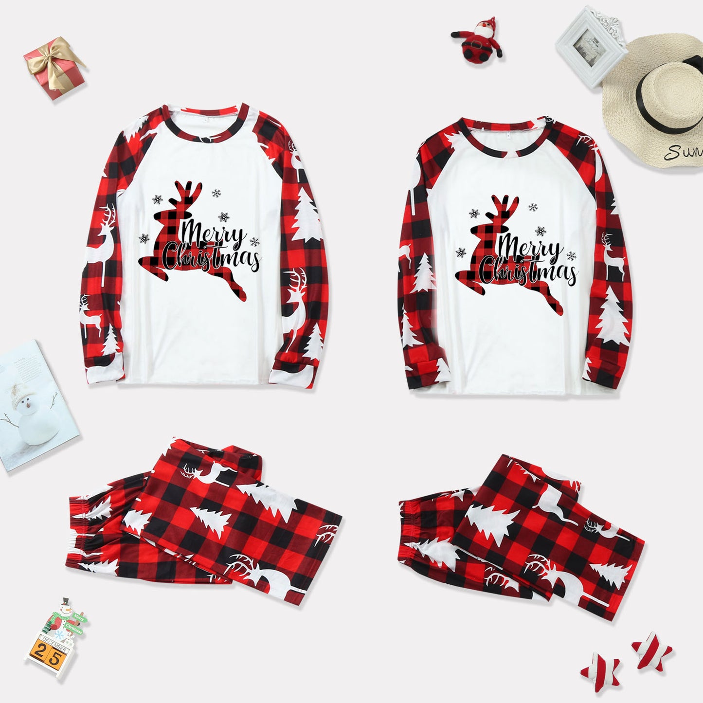 Merry Christmas Deer White and Red Plaid Christmas matching PJS set.