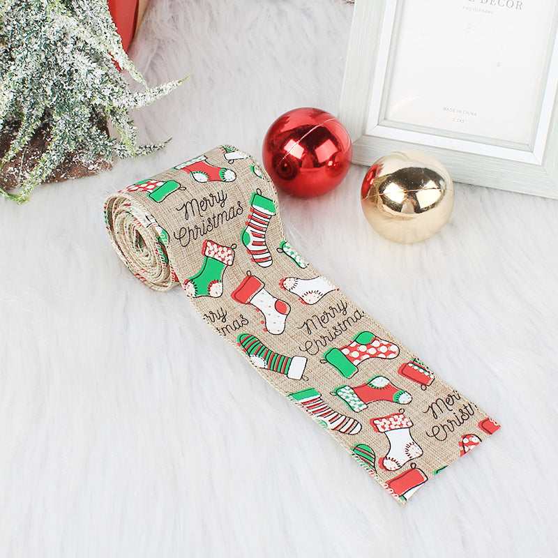 6.5ft Burlap Christmas Wired Ribbon with christmas print.