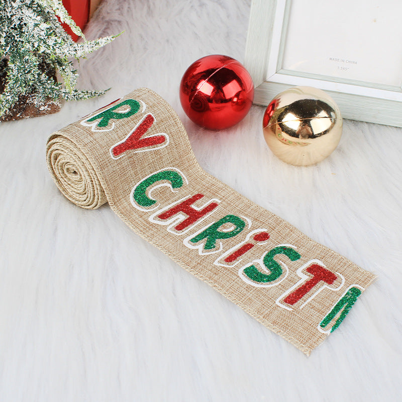 6.5ft Burlap Christmas Wired Ribbon with christmas print.