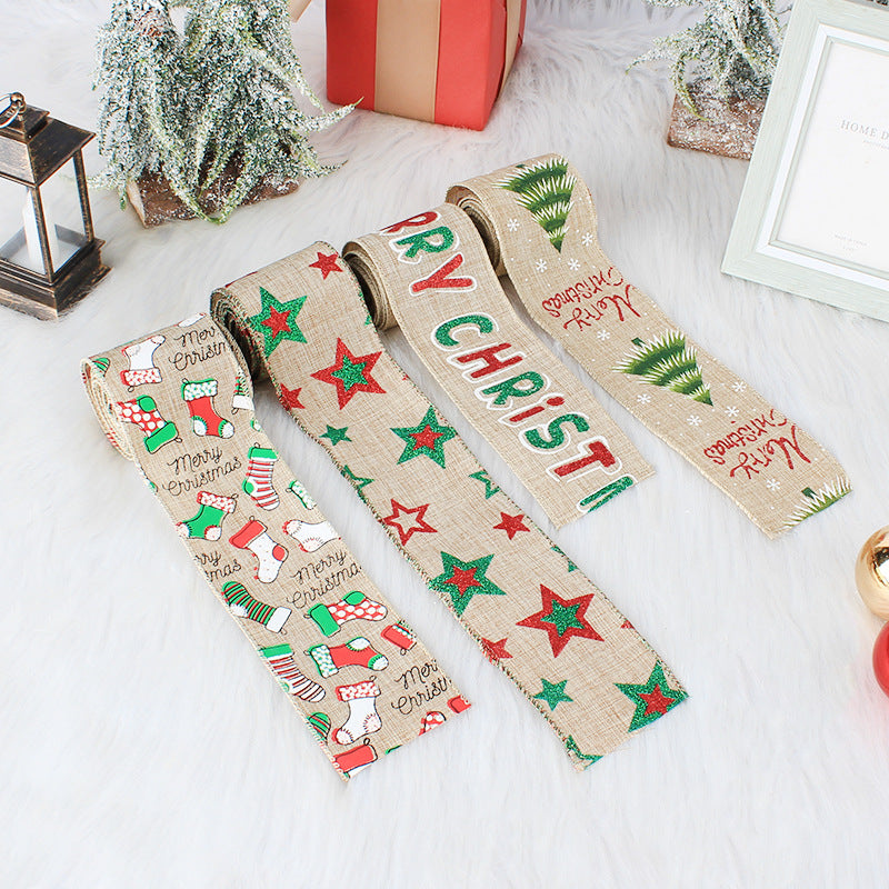 6.5ft Burlap Christmas Wired Ribbon with christmas print.