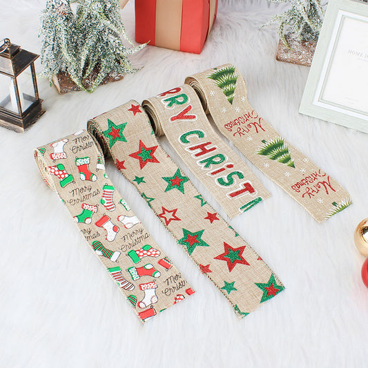 6.5ft Burlap Christmas Wired Ribbon with christmas print.