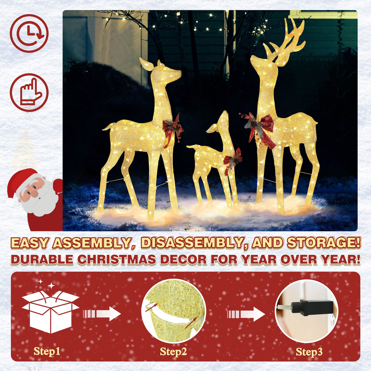 4.5 ft. 3D Warm White LED Reindeer Family Christmas Holiday Yard Decoration, Gold