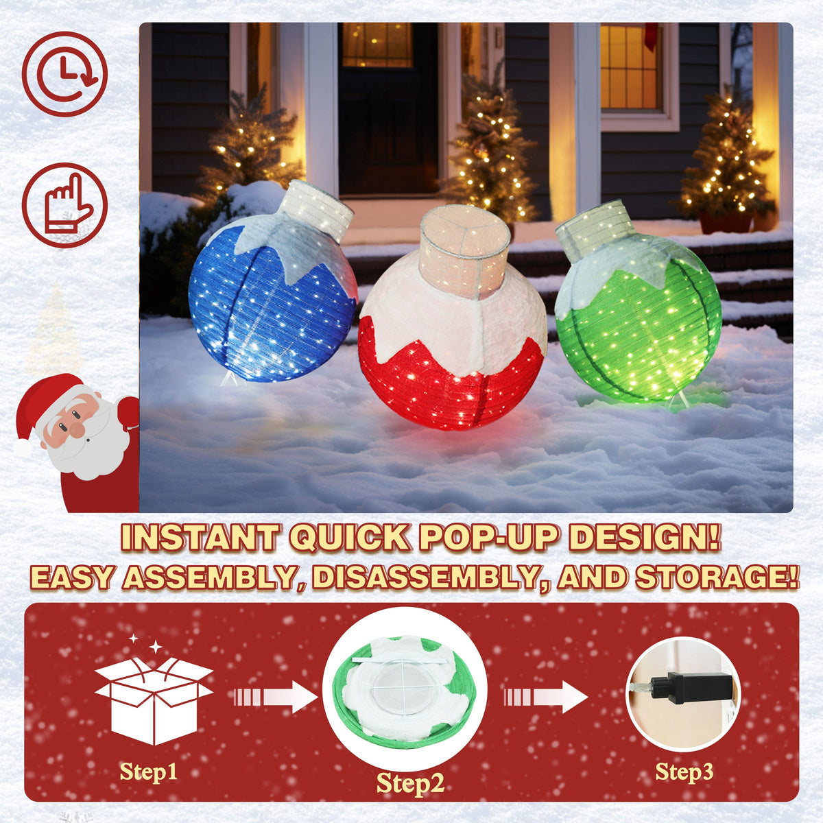 35 in. 3 Piece Pre-lit  Warm White LED Ball Pop Up Ornament Christmas Holiday Yard Decoration