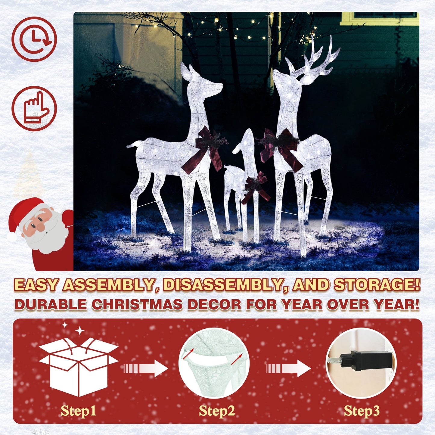 4.5 ft. 3D Cool White LED Reindeer Family Christmas Holiday Yard Decoration