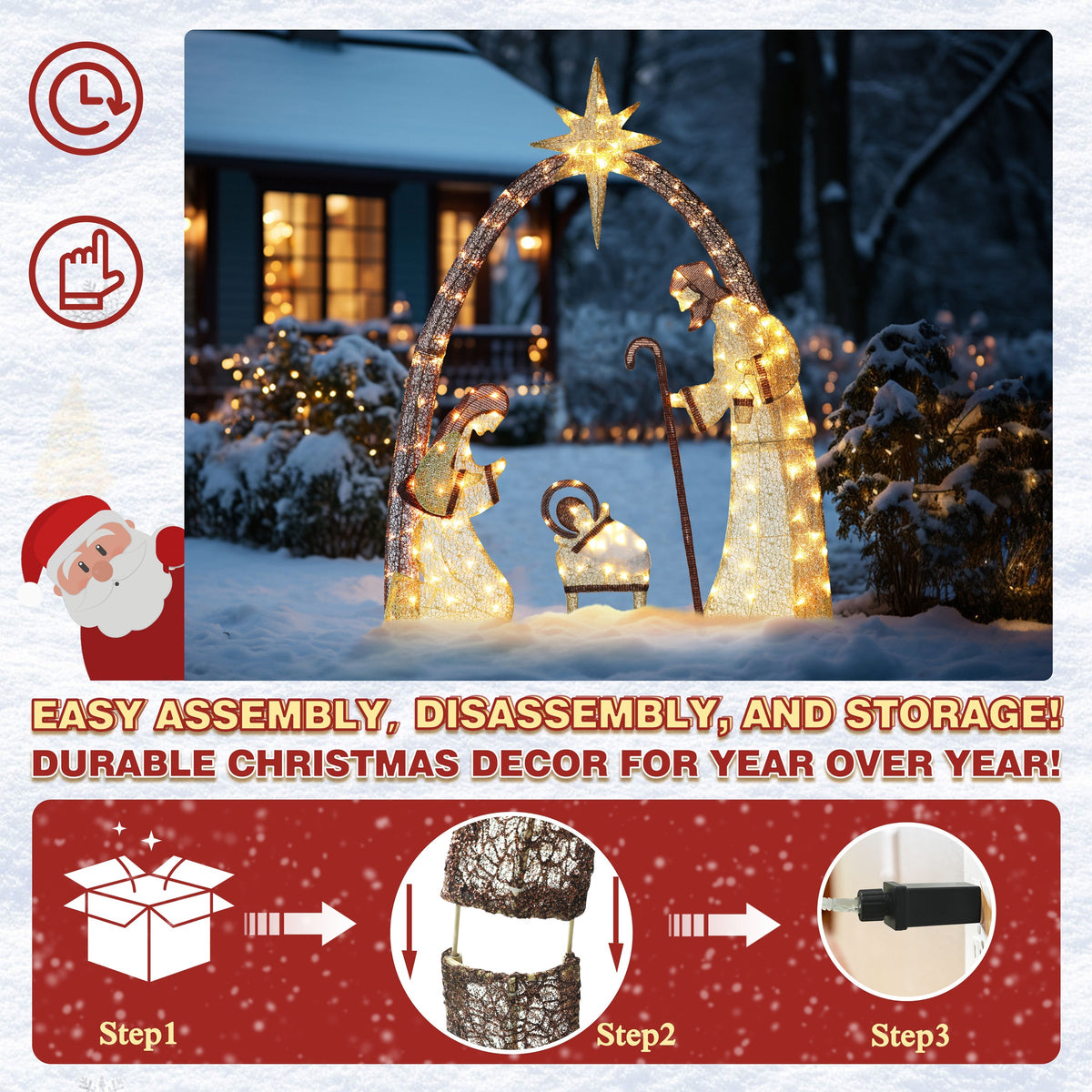 5 ft. 3 piece Warm White LED Nativity Set Christmas Holiday Yard Decoration, Gold