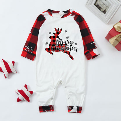 Merry Christmas Deer White and Red Plaid Christmas matching PJS set.
