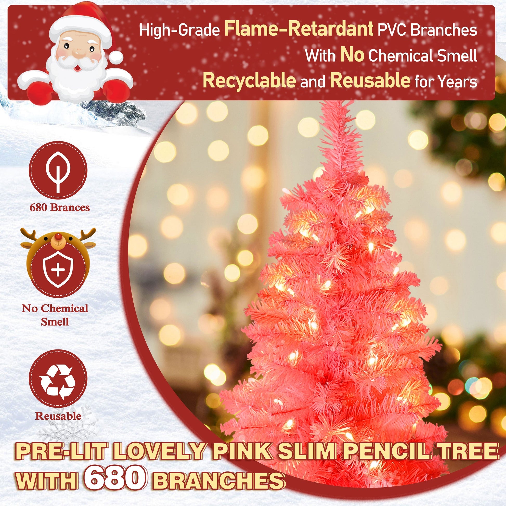 6ft PINK Pre-lit Slim Pencil Artificial Christmas Tree with Lights.