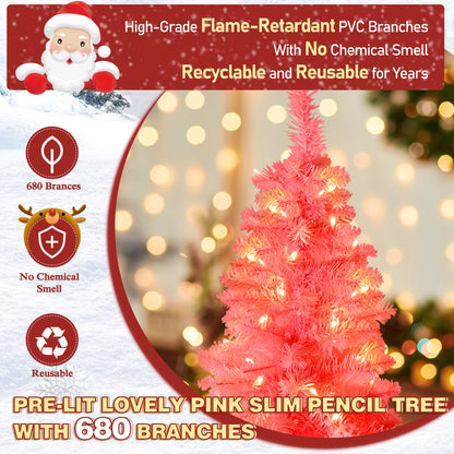 6ft PINK Pre-lit Slim Pencil Artificial Christmas Tree with Lights.