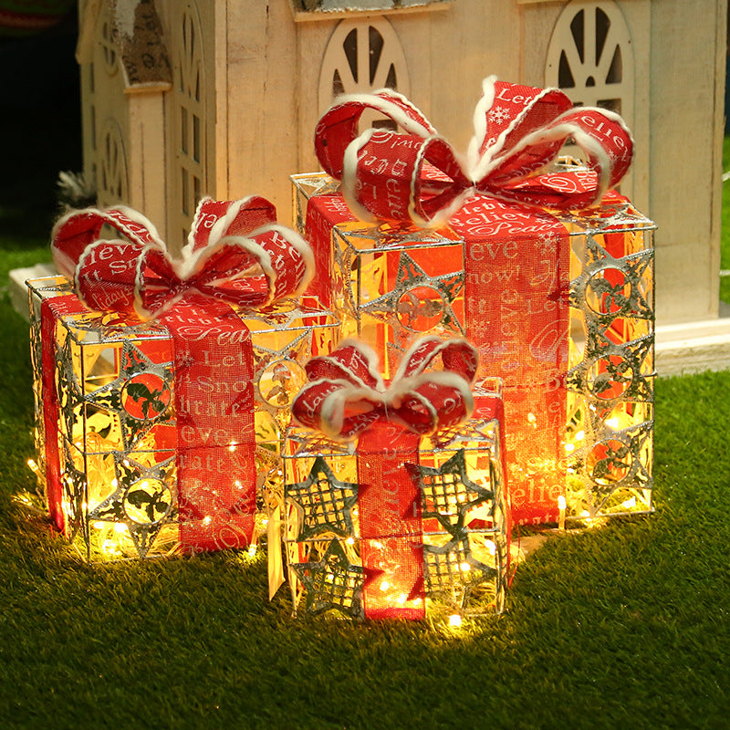 3 Pack Christmas gift box decorations for indoor and outdoor gold and red colour with red ribbona