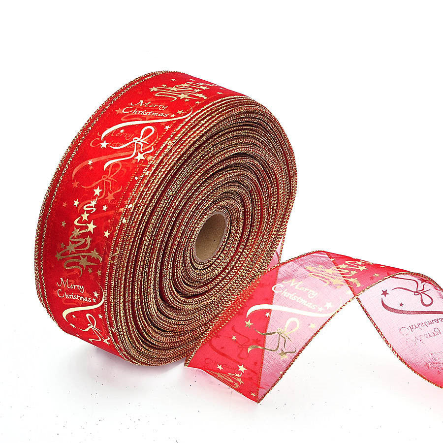 6.5ft Red and Gold organza wired sheer merry Christmas wired Ribbon