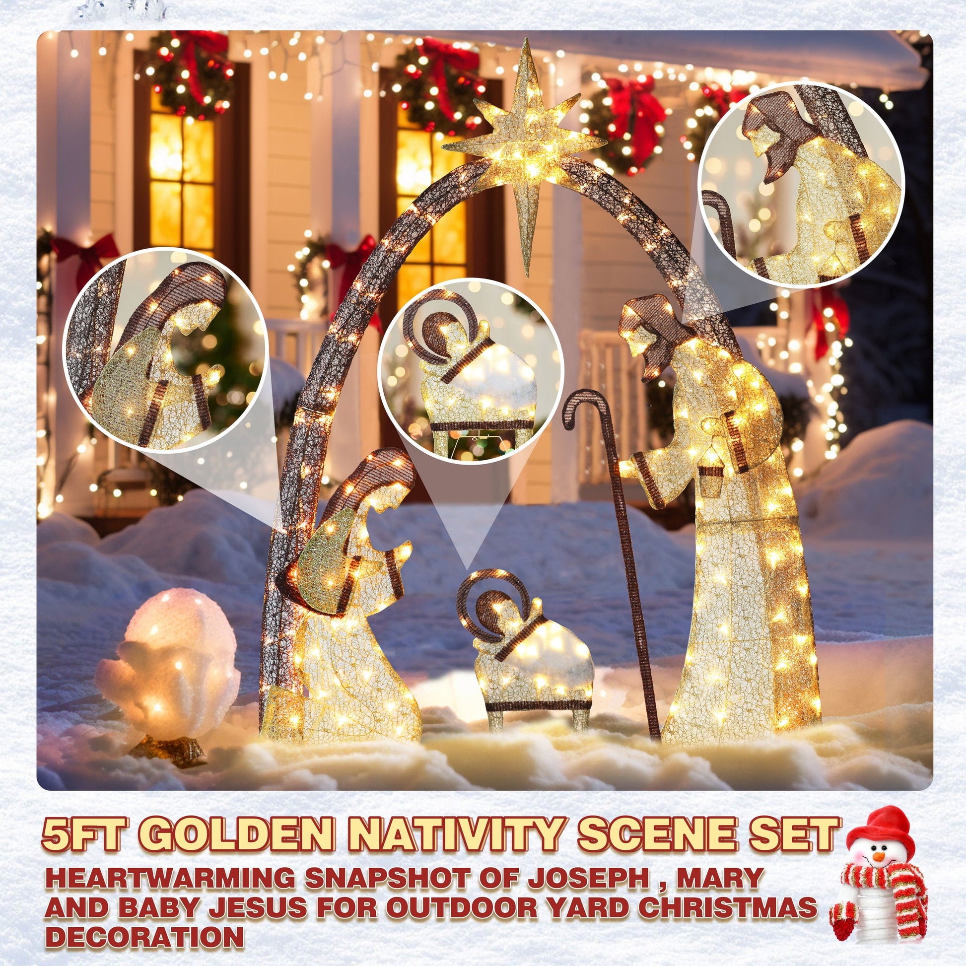 5 ft. 3 piece Warm White LED Nativity Set Christmas Holiday Yard Decoration, Gold