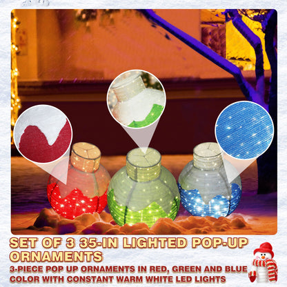 35 in. 3 Piece Pre-lit  Warm White LED Ball Pop Up Ornament Christmas Holiday Yard Decoration