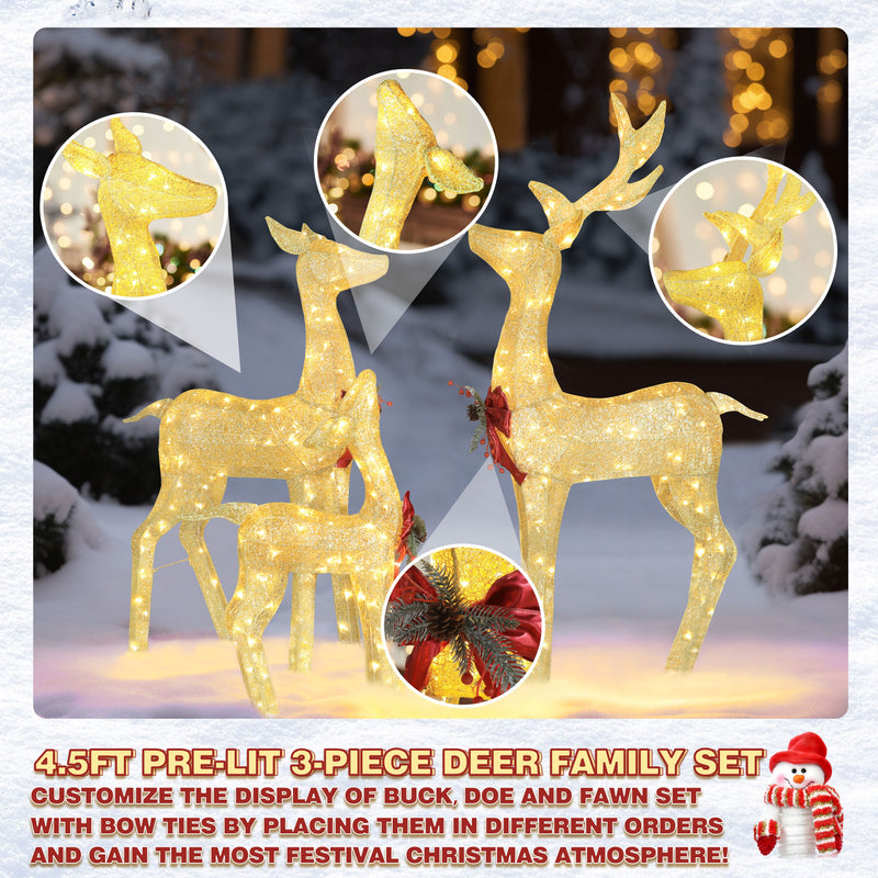 4.5 ft. 3D Warm White LED Reindeer Family Christmas Holiday Yard Decoration, Gold