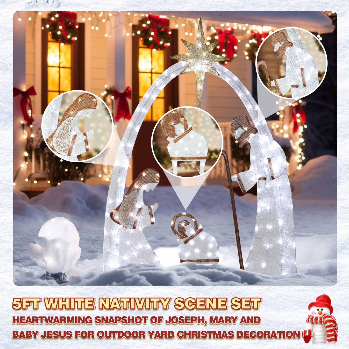 5 ft. Cool White 4 piece LED Nativity scene set Christmas Holiday Yard Decoration. jesus and mary scene, birth of jesus nativity scene