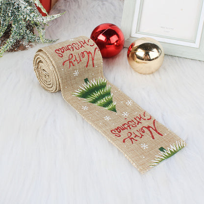 6.5ft Burlap Christmas Wired Ribbon with christmas print.