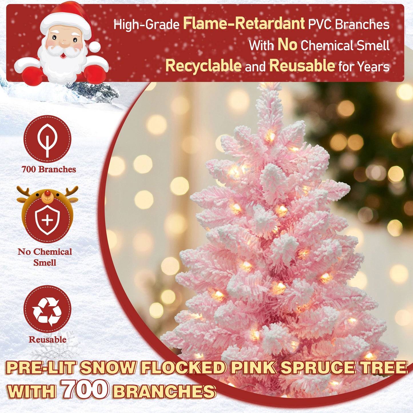 6.5ft Pre lit Snow Flocked Pink  Artificial Christmas Tree with Lights