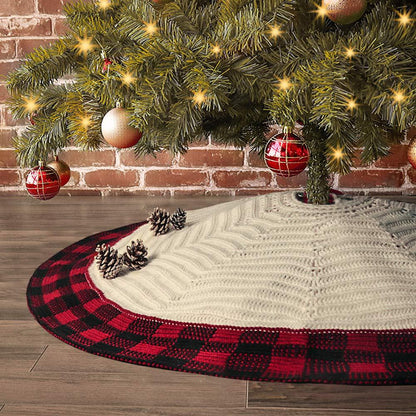 Knitted Ivory White Christmas Skirt with Buffalo Plaid Edges
