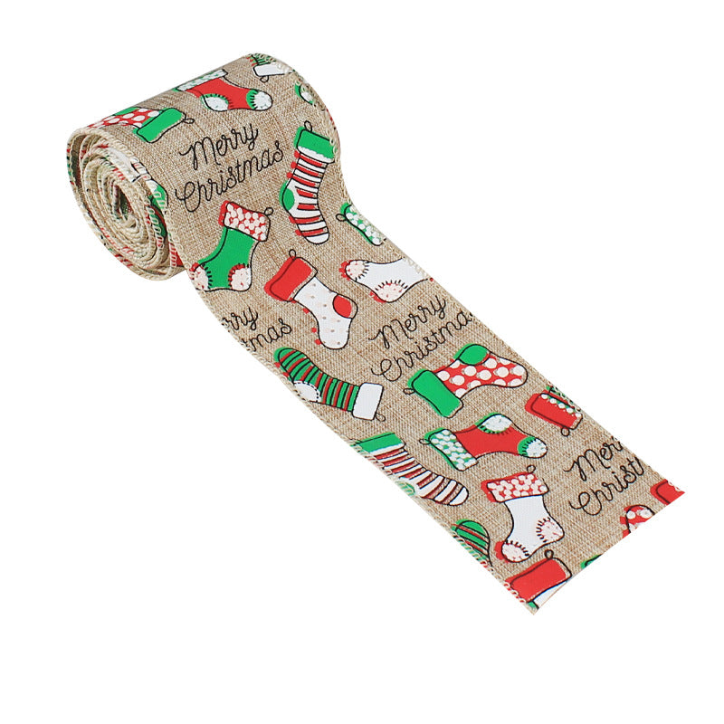 6.5ft Burlap Christmas Wired Ribbon with christmas print.